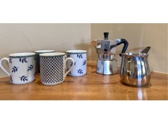 4 Villeroy & Boch Mugs, Bialetti Moka Express And Frothing Pitcher