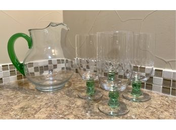 Glass Pitcher & 4 Etched Goblet Set