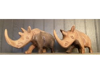 Two Hand Carved Wood Rhinoceros