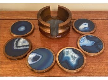 Beautiful Set Of 6 Polished Stone Coasters With Wood Trim And Coaster Holder