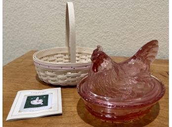 Longaberger Pink Glass Hen 2002 Easter Basket