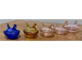 5 Piece Lot Of Vintage Small Glass Lidded Hens