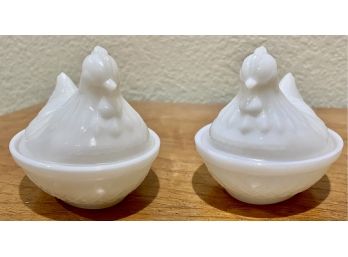 Vintage Pair Of Milk Glass Lidded Hen Dishes