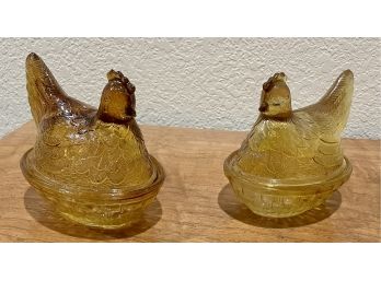 Vintage Pair Of Amber Lidded Glass Hen Dishes