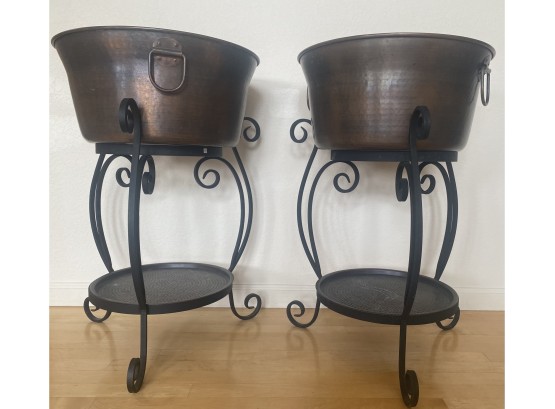 Beautiful Pair Of Hammered Turkish Copper Outdoor Cooler Buckets With Wrought Iron Stands