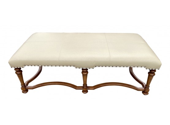 Faux Leather Upholstered Ottoman Bench Brass Studs & Carved Wooden Legs