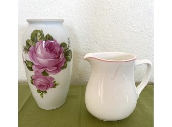 Grouping Of Two Pink And White Porcelain Pieces Including Vase And Savoy Creamer