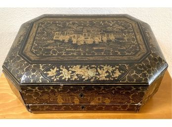 Antique Ornate Painted Wooden Sewing Box With Bone