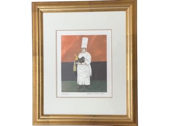 Guy Buffet Limited Edition Pencil Signed Print Of Chef Holding Chicken & Champagne Numbered: 858/4000