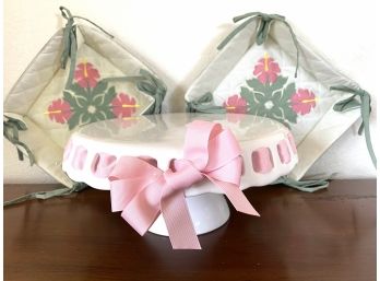 Beautiful Cake Plate With Ribbon And Two Cloth Trivets