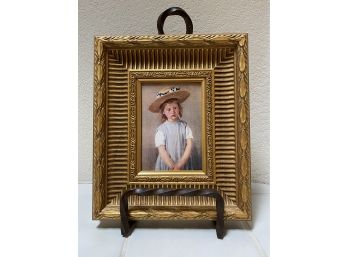 Nicey Framed Mary Cassat 'child In A Straw Hat' Reproduction With Wrought Iron Stand