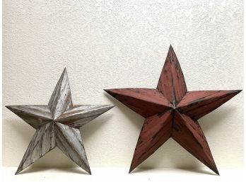Pair Of Two Rustic Metal Cowboy Wall Stars In Silver And Barn Red