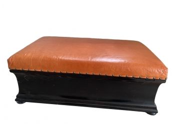 Gliding Top Storage Ottoman With Orange Leather, Studs, And Black Lacquered Base