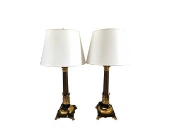 Beautiful Pair Of Two Made In Italy Lamps With Acanthus Leaf Base And Ornate Gold Columnar Detailing