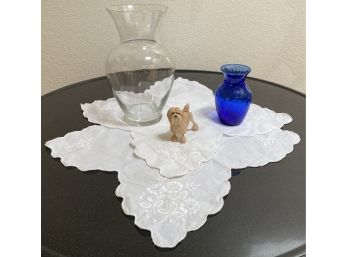 Grouping Of Cotton Doilies Vases And Dog Figurine
