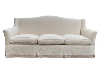 Stunning Timothy Corrigan Custom Upholstered Three Cushion Wingback Chenille Sofa With Brocade Trim