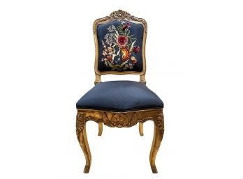 Exquisite Custom Upholstered Gilded Antique Chair With Elaborate Floral Embroidery