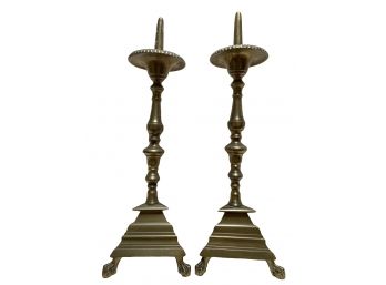 Stunning Antique Pair Of Lion Footed Brass Pedestal Candlesticks With Spire
