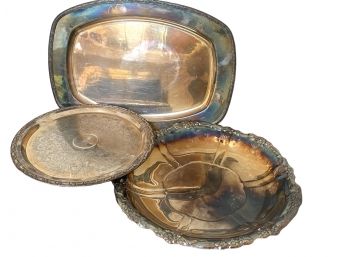 Great Grouping Of Three Silver-plates Pieces Including One Rectangular Tray And Two Circular
