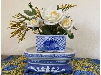 Pair Of Two Vintage Blue And White Porcelain Pieces Including Pedestal And Small Flower Container