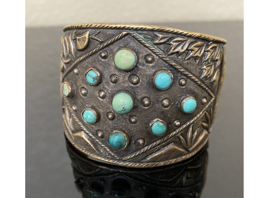 Turquoise And Metal Carved Chinese Bracelet