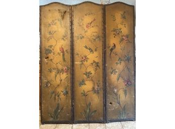 Lovely But Damaged Painted Leather, 3-fold, Room Divider  See Pics!
