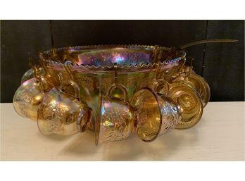 Exquisite Carnival Glass Punch Bowl With 11 Matching Cups & Amber Plastic Ladle