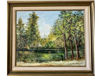 Mrs. Sophie Stropes Original Acrylic Trees By The Lake In Frame