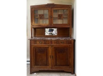 Antique China Cabinet With Stone Countertop And Glass Doors