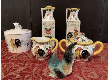 Early Provincial Under Glaze Hand Painted Rooster Themed Condiment Holders