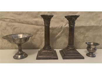 4 Weighted Sterling Silver Pieces Including Two Matching Candle Sticks