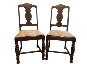 Two Antique Solid Wood Chairs With Floral Fabric Seats