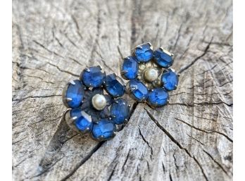 (2) Blue Flower Clip On Earrings With Silver Backs
