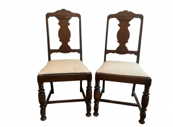 Two Antique Solid Wood Chairs With White Fabric Seats
