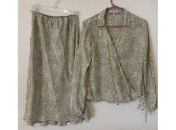 Green And Cream Silk Culture Top And Skirt Size 6