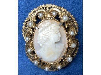 Vintage Florenzia Cameo Pin Featuring Carved Portrait Of Woman And Faux Pearls