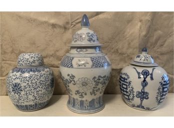 3 Various Size, Make, & Pattern Blue China Canisters