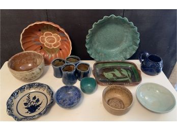 14 Piece Misc. Pottery Collections Including Large Bowls , Cups, And Small Bowls