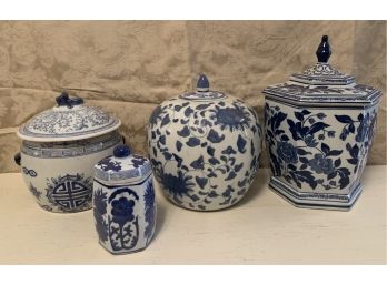 4 Various Size, Make, & Pattern Blue China Canisters