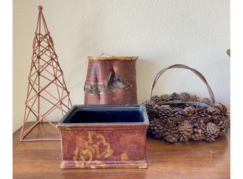 4 Autumn Colored Decor Items Including Pinecone Basket