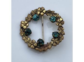 Cute Vintage Gold Tone And Teel Round Floral Pin