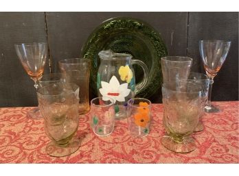 Hand Painted Pitcher & Two Drinking Glasses With Beautiful Pink, Yellow, And Green Colored Glass