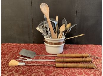 Kitchen Utensil Set With Gorgeous Vintage Brass Handled Crock Container