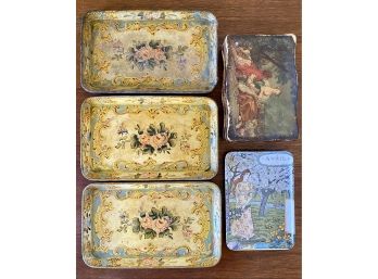 Lot Of Vintage Trays And Boxes Including Hand Painted Alcohol Proof Trays From Japan