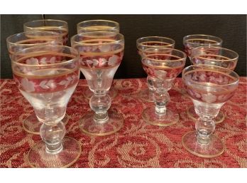 Red And Gold Rimmed Cordial & Champagne Glasses 10 Total