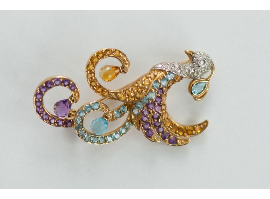 Very Beautiful Bejeweled 10k Gold Magical Bird Pin With Citrine, Amethyst And Blue Topaz