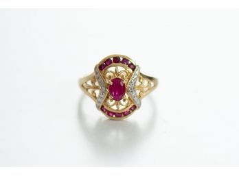 Beautiful 14k & Ruby Cocktail Ring Size 8 With Tiny Diamond Details