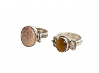 Beautiful Pair Of Two Sajen Sterling Silver Rings Including Tiger's Eye And Jasper