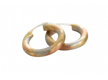 Beautiful Tricolor 14k Gold Hoops With Jacquard Design