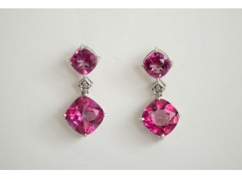 Beautiful Pair Of 10k Drop Pendant Earrings With Vibrant Pink Stones And Diamante Details